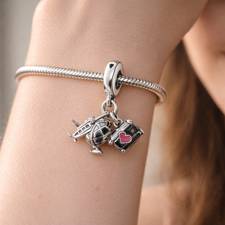 Airplane, Globe & Suitcase Dangle Charm — worn on wrist