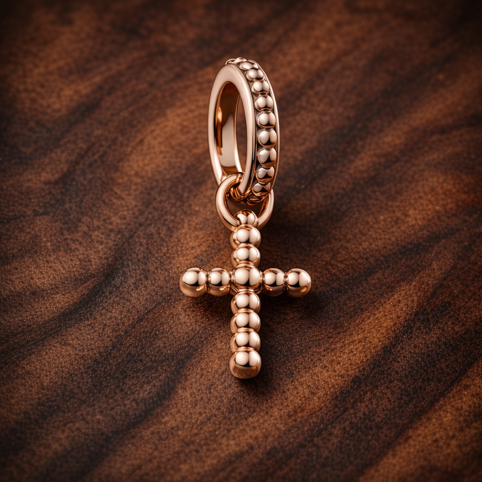 Rose Gold Plated Cross Charm - Rose Gold Plated Beaded Cross Charm — display on walnut