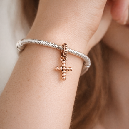 Rose Gold Plated Cross Charm - Rose Gold Plated Beaded Cross Charm — worn on wrist