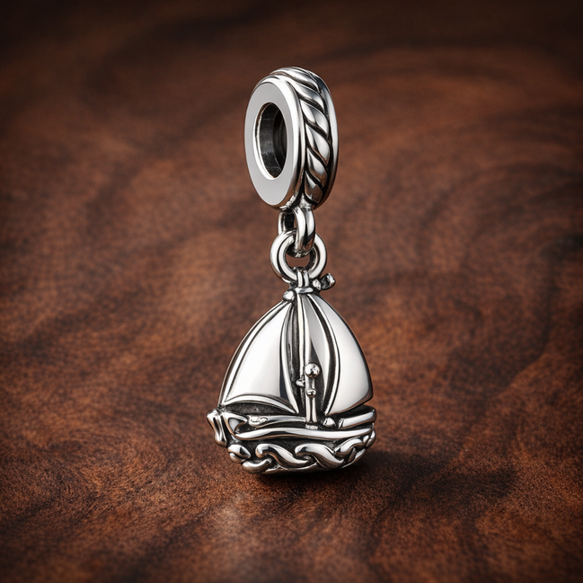 Silver Sailboat Charm - Silver Sailboat Dangle Charm — display on walnut
