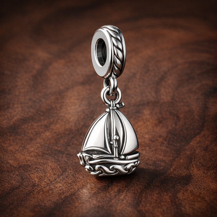 Silver Sailboat Charm - Silver Sailboat Dangle Charm — display on walnut