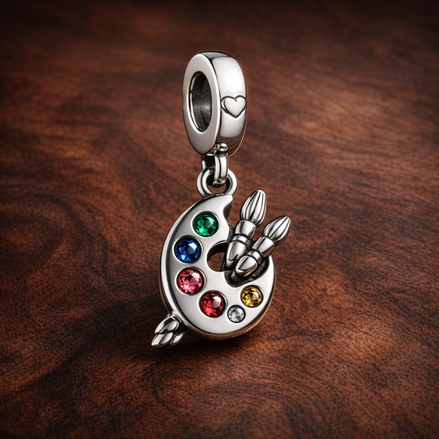 Artist Palette Charm - Colorful Artist Palette Dangle Charm — display on walnut