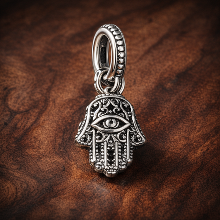 Protective Hamsa Hand Dangle Charm — display on walnut