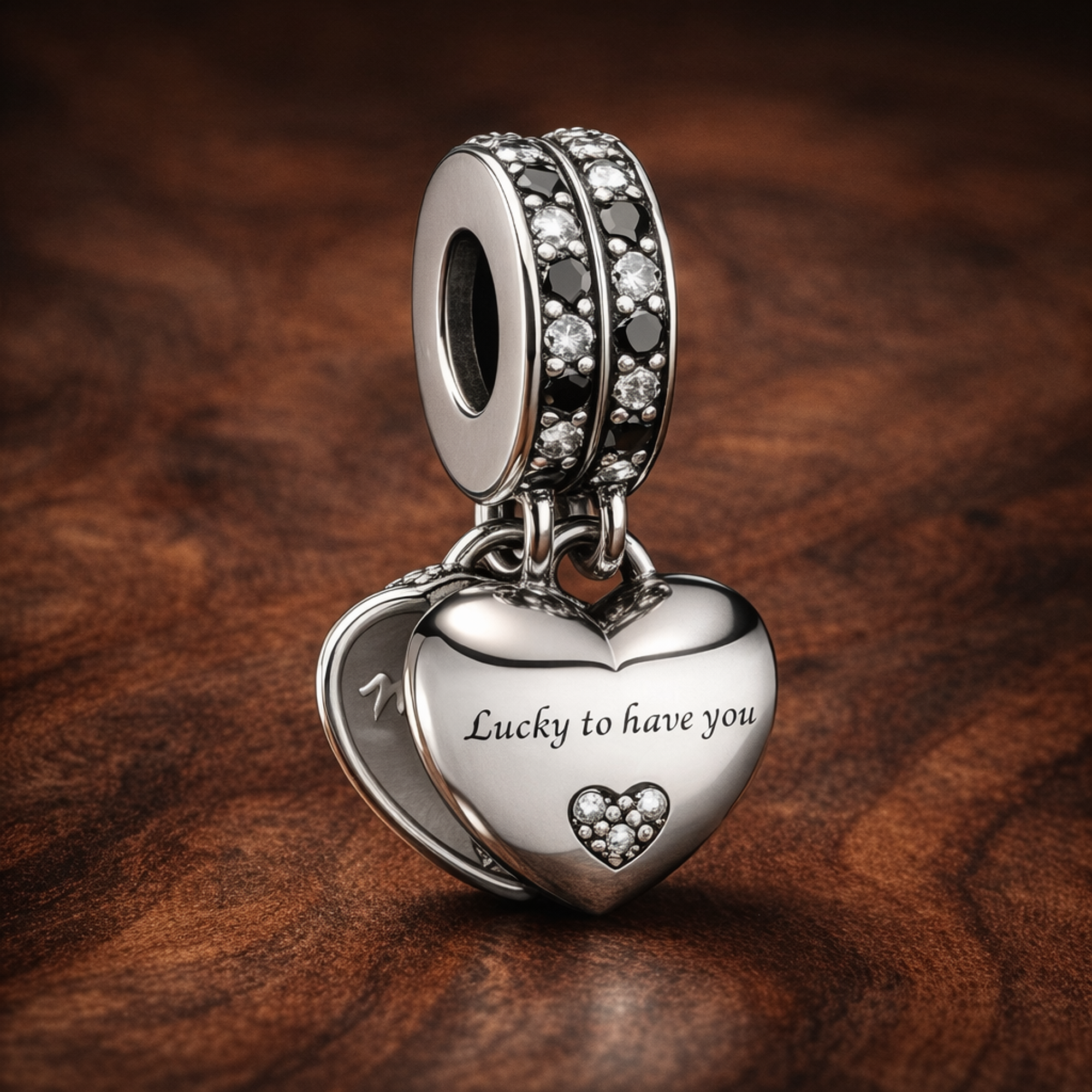 Lucky Heart Charm - Silver Lucky Heart Dangle Charm — display on walnut