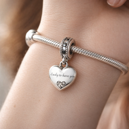 Lucky Heart Charm - Silver Lucky Heart Dangle Charm — worn on wrist