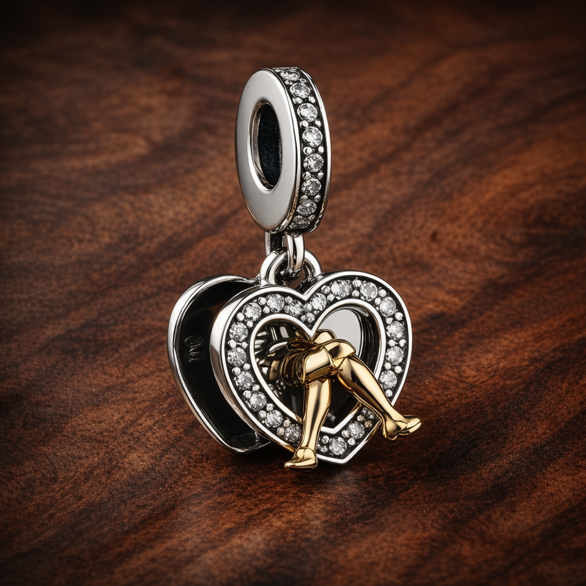 Two-tone Happy Anniversary Dangle Charm — display on walnut