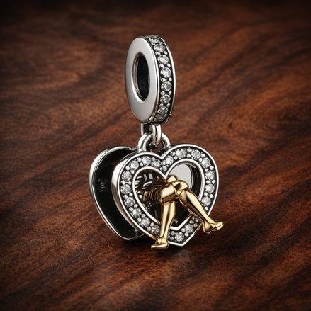 Two-tone Happy Anniversary Dangle Charm — display on walnut