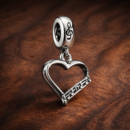 Silver Open Heart Script Charm - Silver Script Open Heart Charm — display on walnut