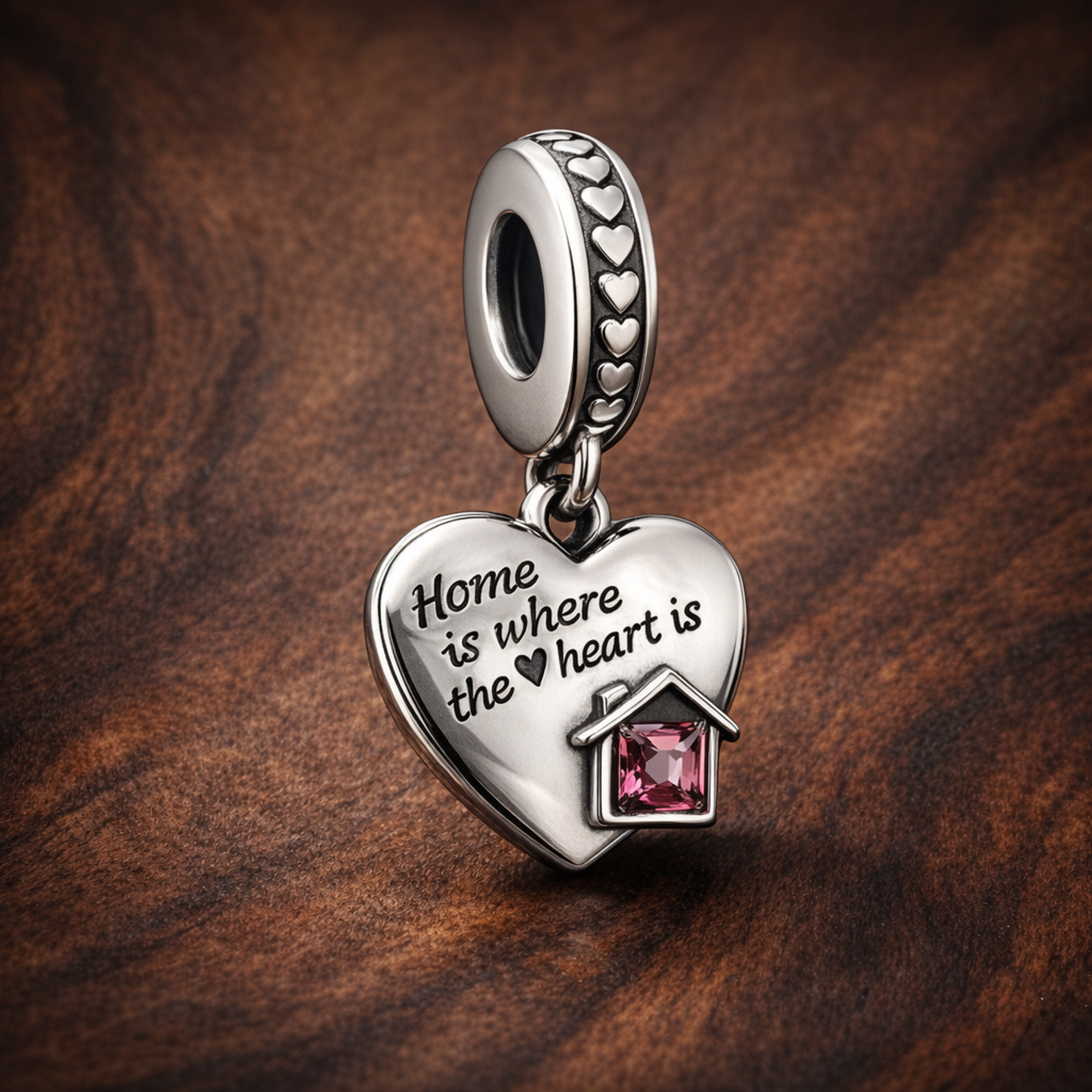 Home in the Heart Charm - Home Is Where the Heart Is Charm — display on walnut
