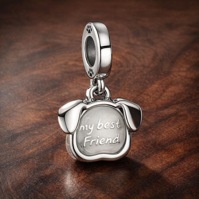 My Good Friend Dog Charm - Silver Dog Best Friend Charm — display on walnut