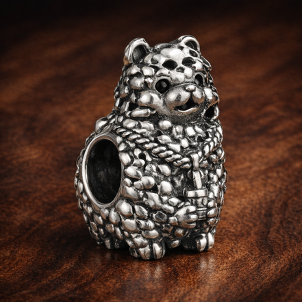 Textured Hedgehog Charm - Silver Hedgehog Woodland Bead — display on walnut
