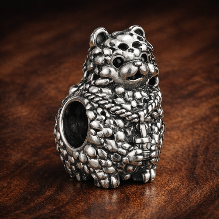 Textured Hedgehog Charm - Silver Hedgehog Woodland Bead — display on walnut