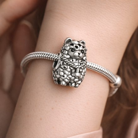 Textured Hedgehog Charm - Silver Hedgehog Woodland Bead — worn on wrist