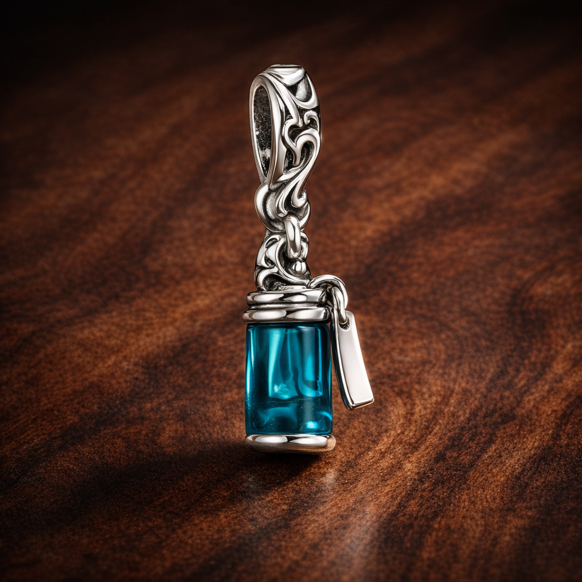 Blue Perfume Bottle Charm - Teal Perfume Bottle Dangle Charm — display on walnut