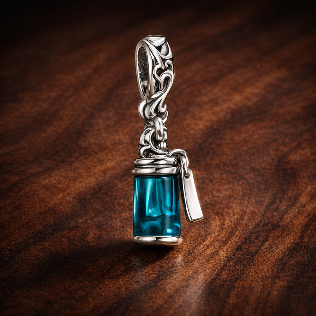 Blue Perfume Bottle Charm - Teal Perfume Bottle Dangle Charm — display on walnut