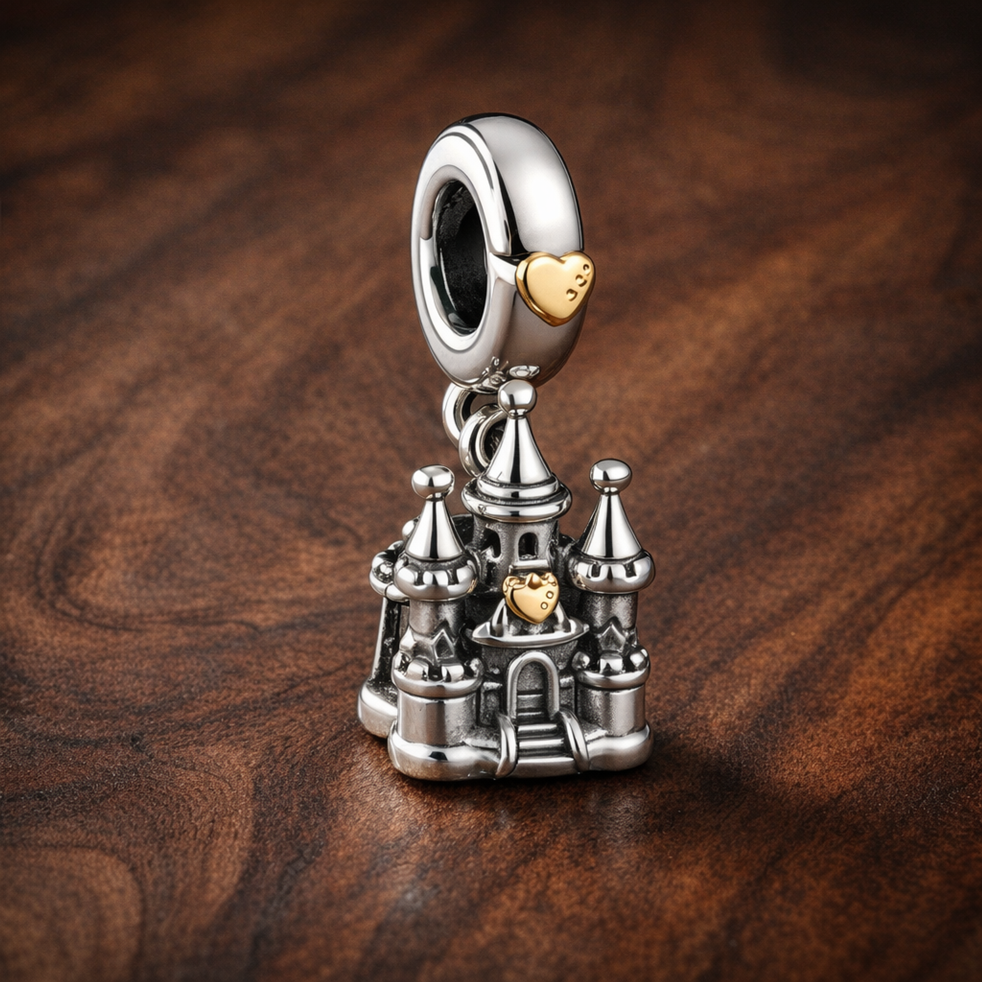& Gold Plated Fairy Tale Castle - Sterling Silver & Gold Plated Fairy Tale Castle Dangle Charm — display on walnut