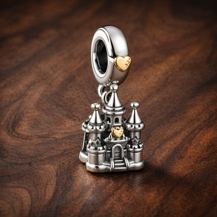 & Gold Plated Fairy Tale Castle - Sterling Silver & Gold Plated Fairy Tale Castle Dangle Charm — display on walnut