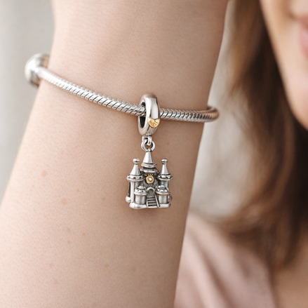 & Gold Plated Fairy Tale Castle - Sterling Silver & Gold Plated Fairy Tale Castle Dangle Charm — worn on wrist