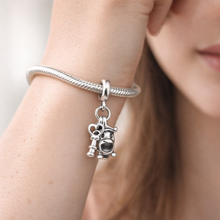 Key & Lock - Sterling Silver Key & Lock Dangle Charm — worn on wrist