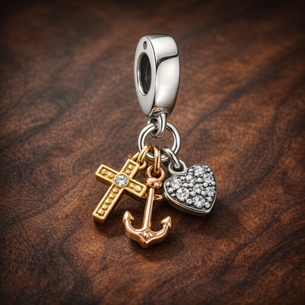 Anchor Seashell Charm - Gold Plated Anchor and Shell Dangle Charm — display on walnut
