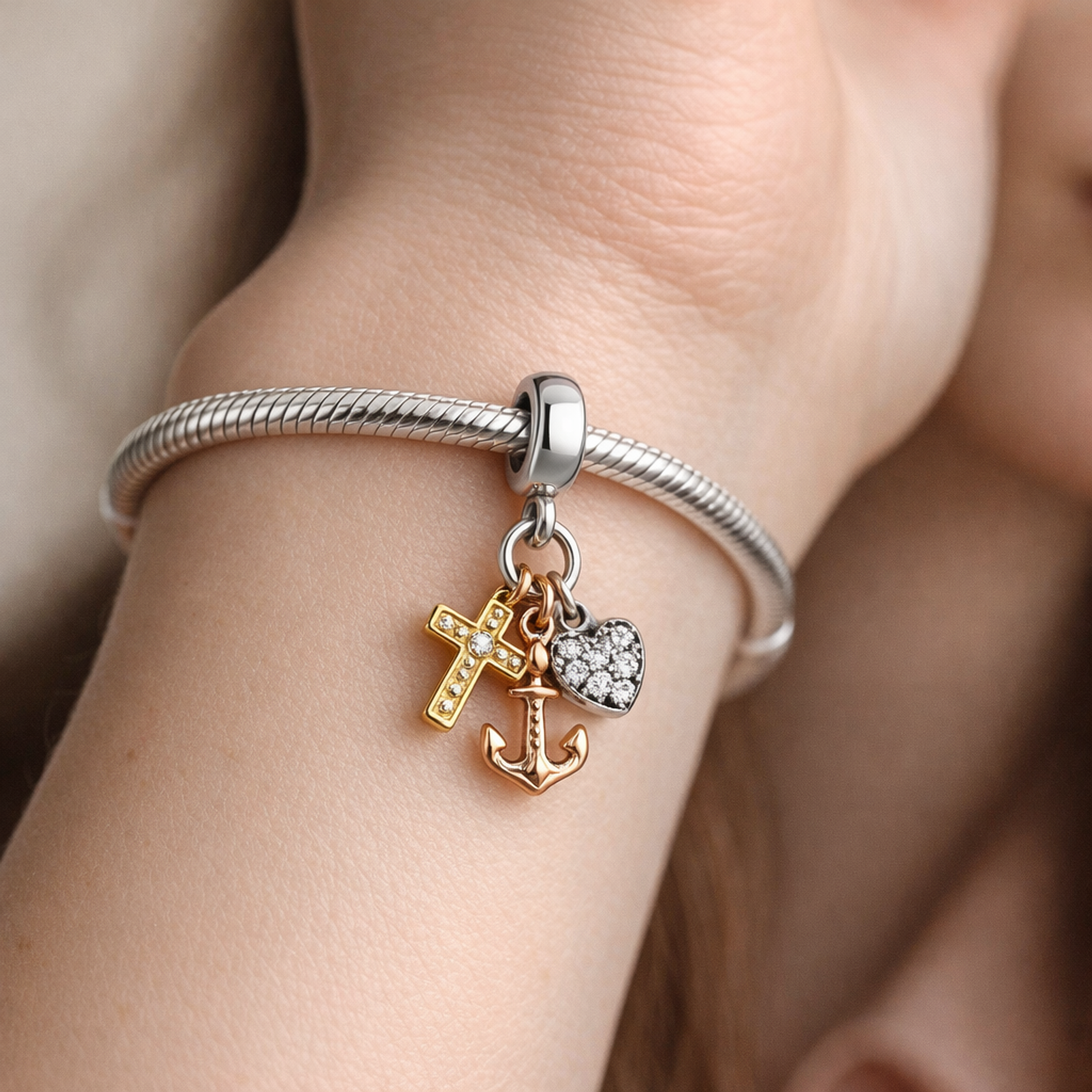 Anchor Seashell Charm - Gold Plated Anchor and Shell Dangle Charm — worn on wrist