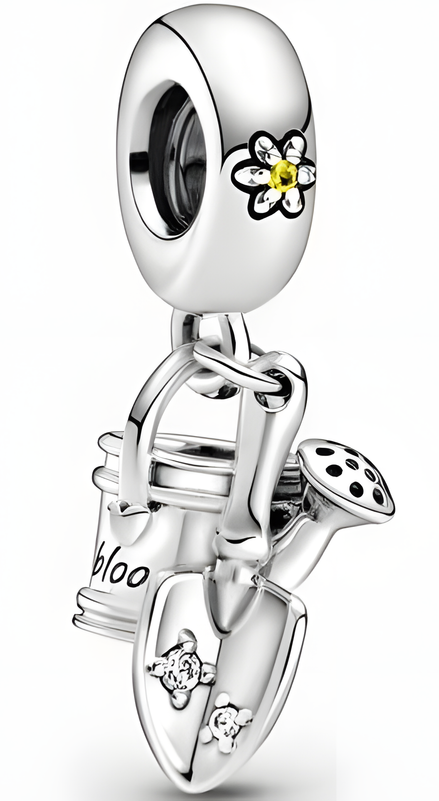 Sterling Silver Gardening Tools Dangle Charm with Flower & Ladybug