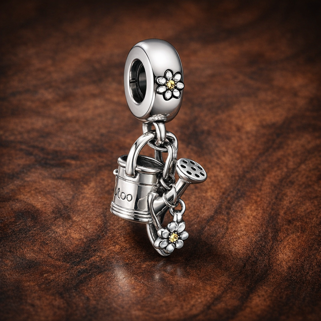 Gardening Tools Charm - Silver Garden Tools Dangle Charm — display on walnut