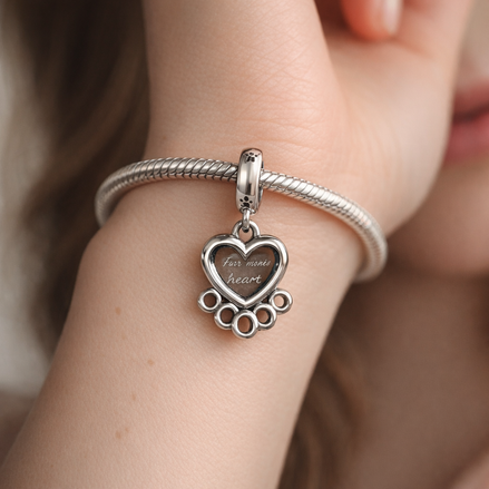 Hearts & Paw Print Dangle Charm — worn on wrist