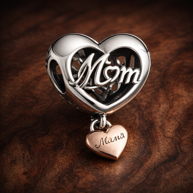 Thank You Mum Heart Charm — display on walnut