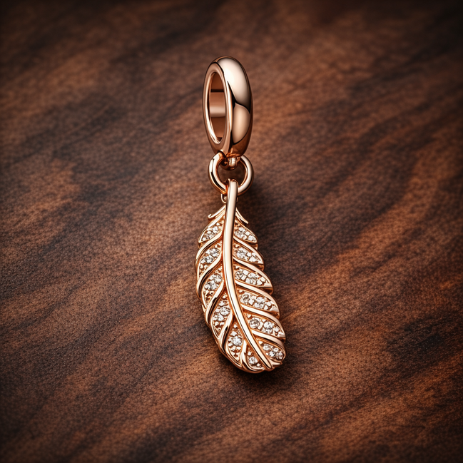 Rose Gold Plated Feather Charm - Rose Gold Plated Feather Dangle Charm — display on walnut