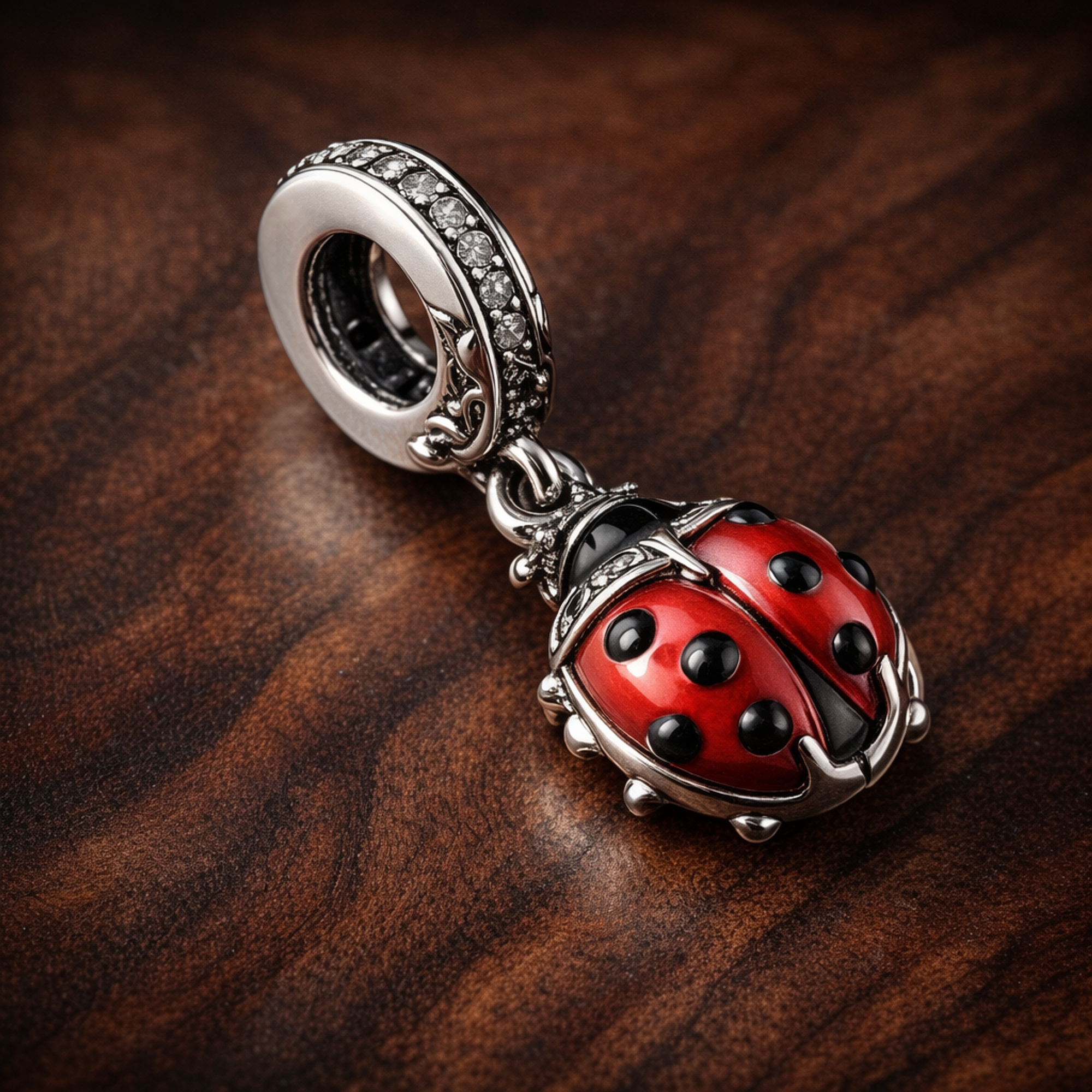 Red Ladybird Dangle Charm — display on walnut