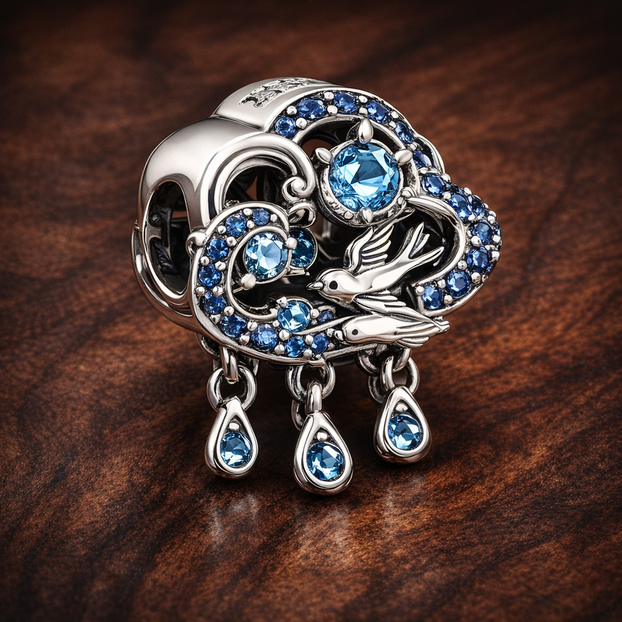 Blue Elephant Rain Charm - Elephant Cloud Rain Charm — display on walnut