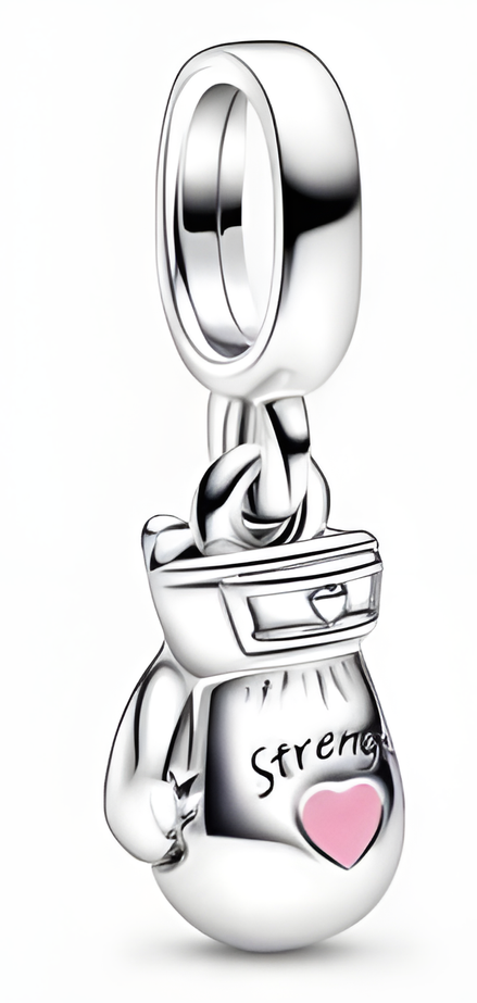Sterling Silver Boxing Glove Strength Dangle Charm with Pink Enamel Heart