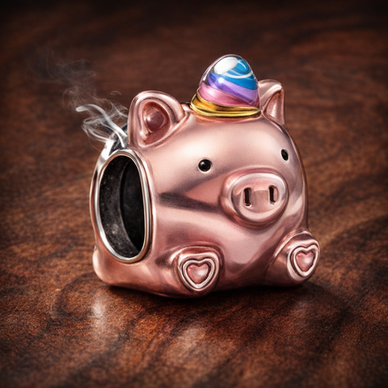 Flying Unicorn Pig Charm — display on walnut