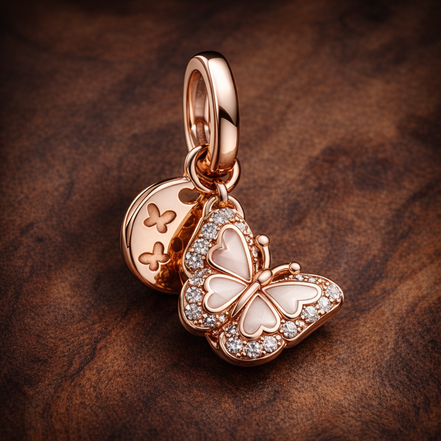Pink Butterfly & Quote Double Dangle Charm — display on walnut
