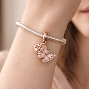 Pink Butterfly & Quote Double Dangle Charm — worn on wrist