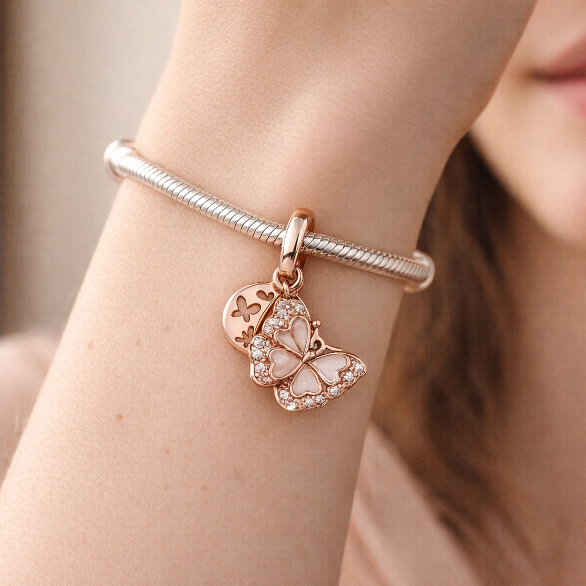 Pink Butterfly & Quote Double Dangle Charm — worn on wrist