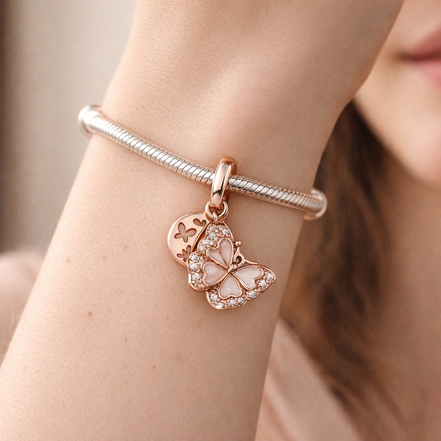 Pink Butterfly & Quote Double Dangle Charm — worn on wrist