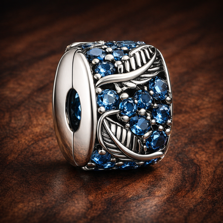 Curved Feather & Pavé Clip Charm — display on walnut