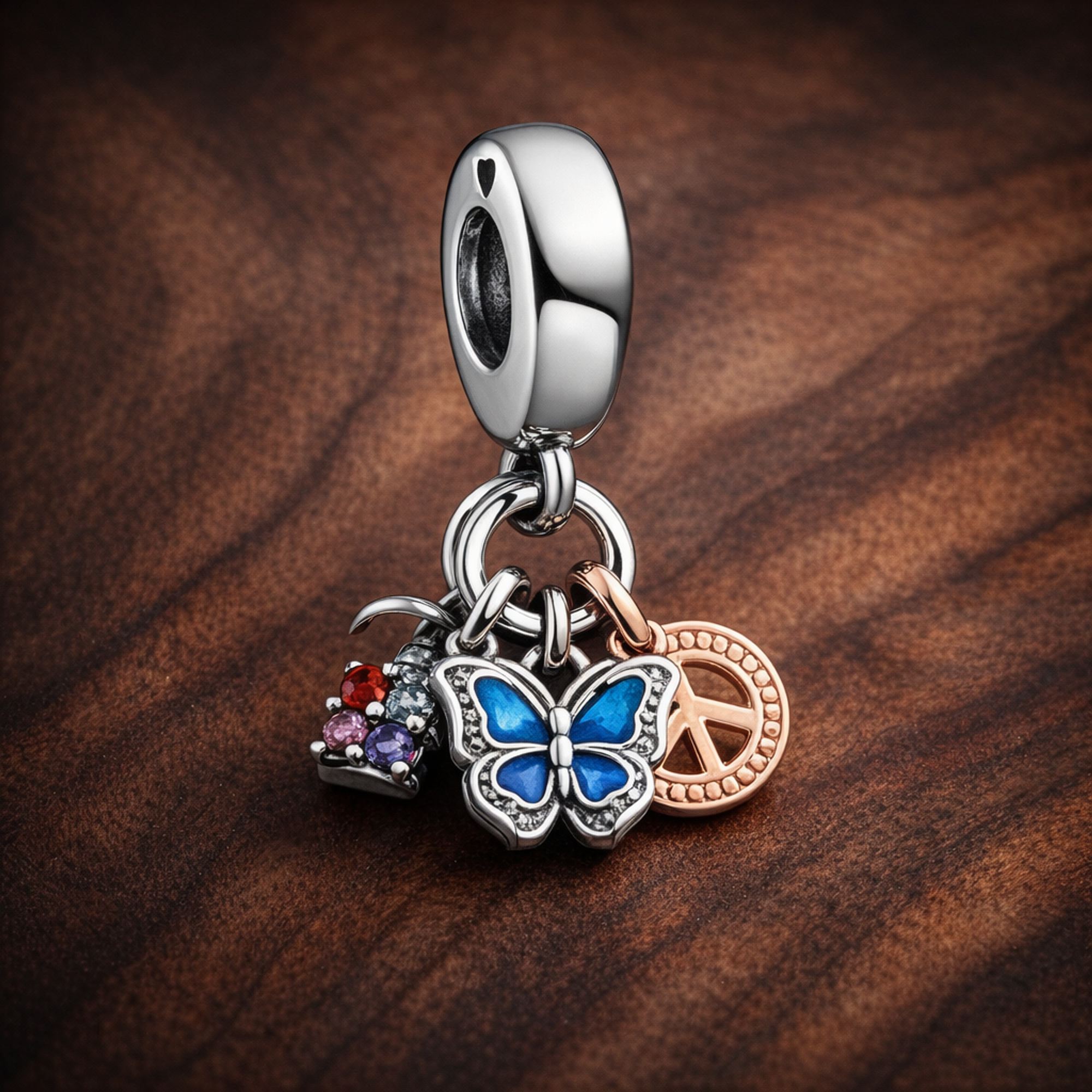Tea Time Butterfly Charm - Tea Time and Butterfly Dangle Charm — display on walnut