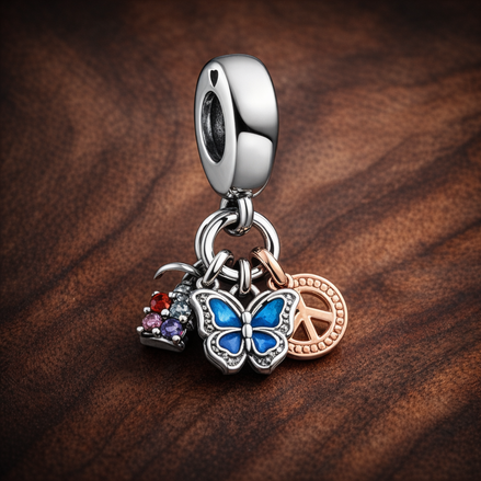 Tea Time Butterfly Charm - Tea Time and Butterfly Dangle Charm — display on walnut