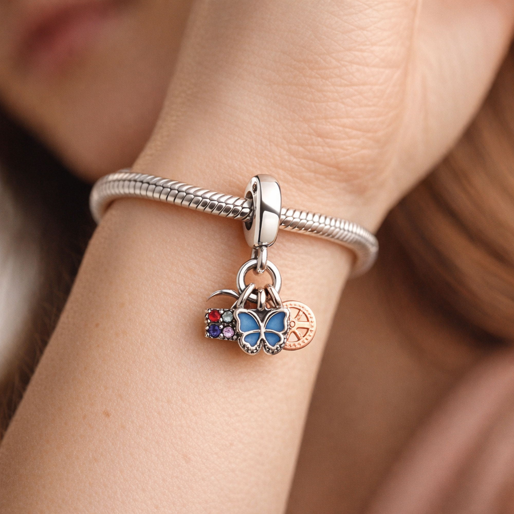 Tea Time Butterfly Charm - Tea Time and Butterfly Dangle Charm — worn on wrist
