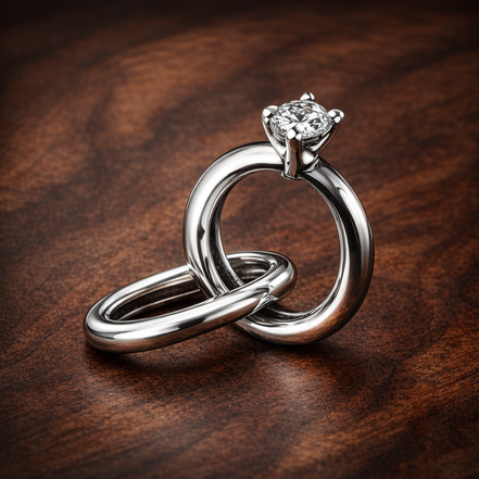 Diamond Ring Charm - Silver Engagement Ring Charm — display on walnut