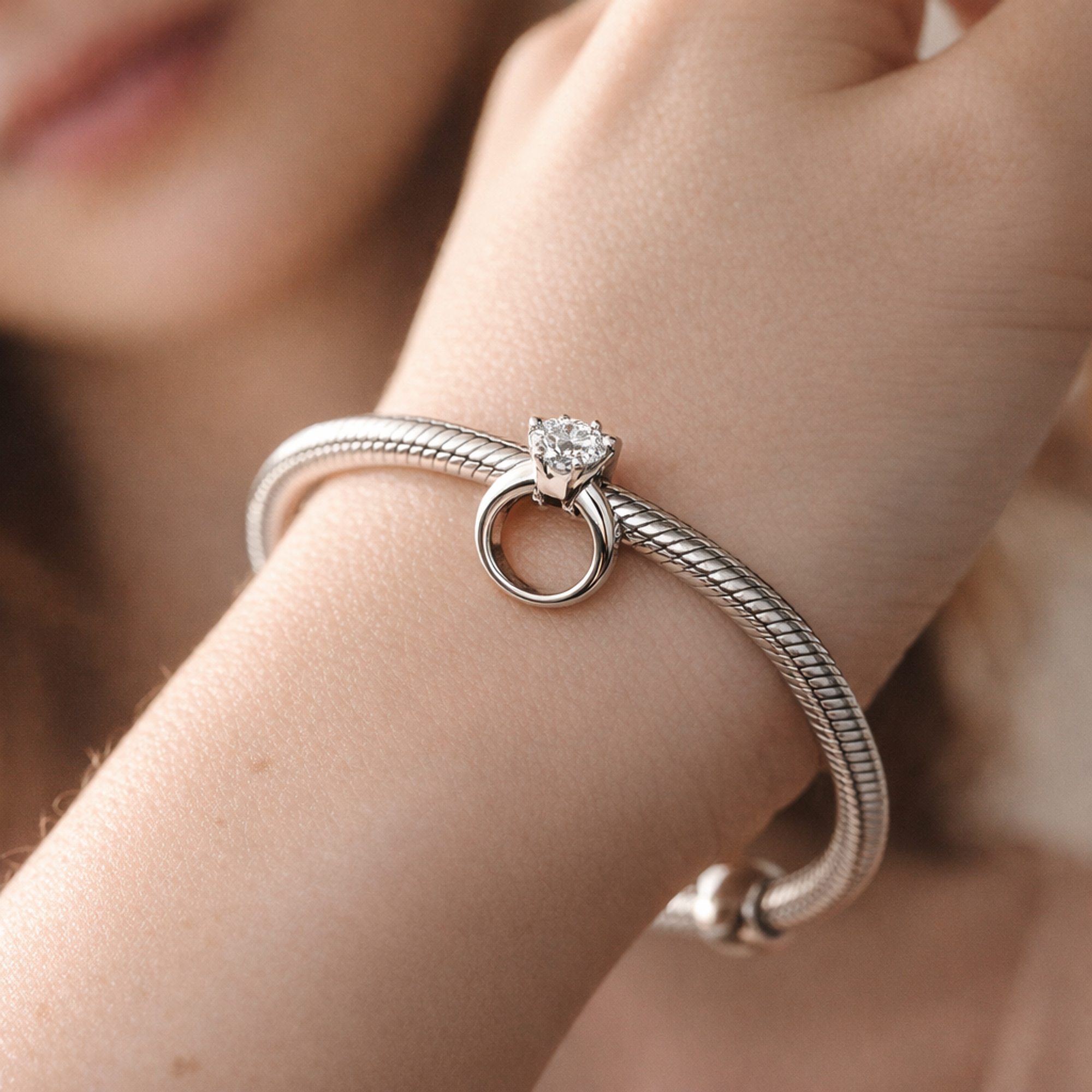 Diamond Ring Charm - Silver Engagement Ring Charm — worn on wrist