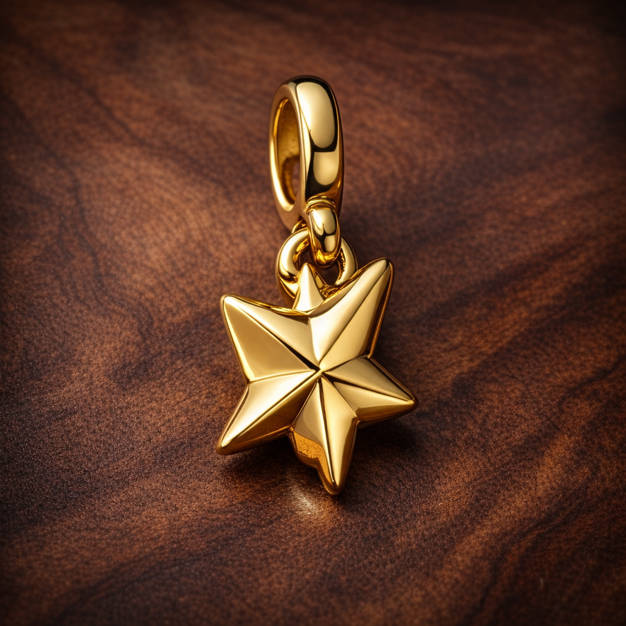 Gold Plated Origami Star Charm - Gold Plated Origami Star Dangle Charm — display on walnut