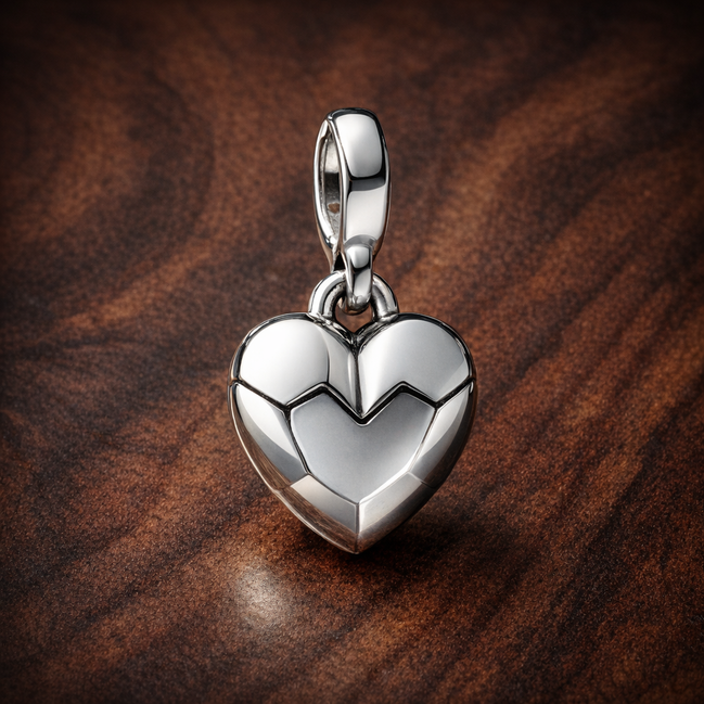 Silver Faceted Heart Charm - Silver Faceted Heart Dangle Charm — display on walnut