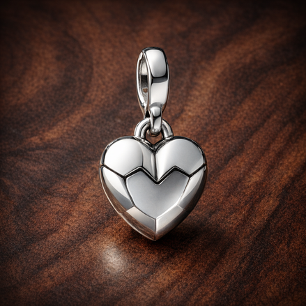 Silver Faceted Heart Charm - Silver Faceted Heart Dangle Charm — display on walnut
