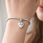 Silver Faceted Heart Charm - Silver Faceted Heart Dangle Charm — worn on wrist