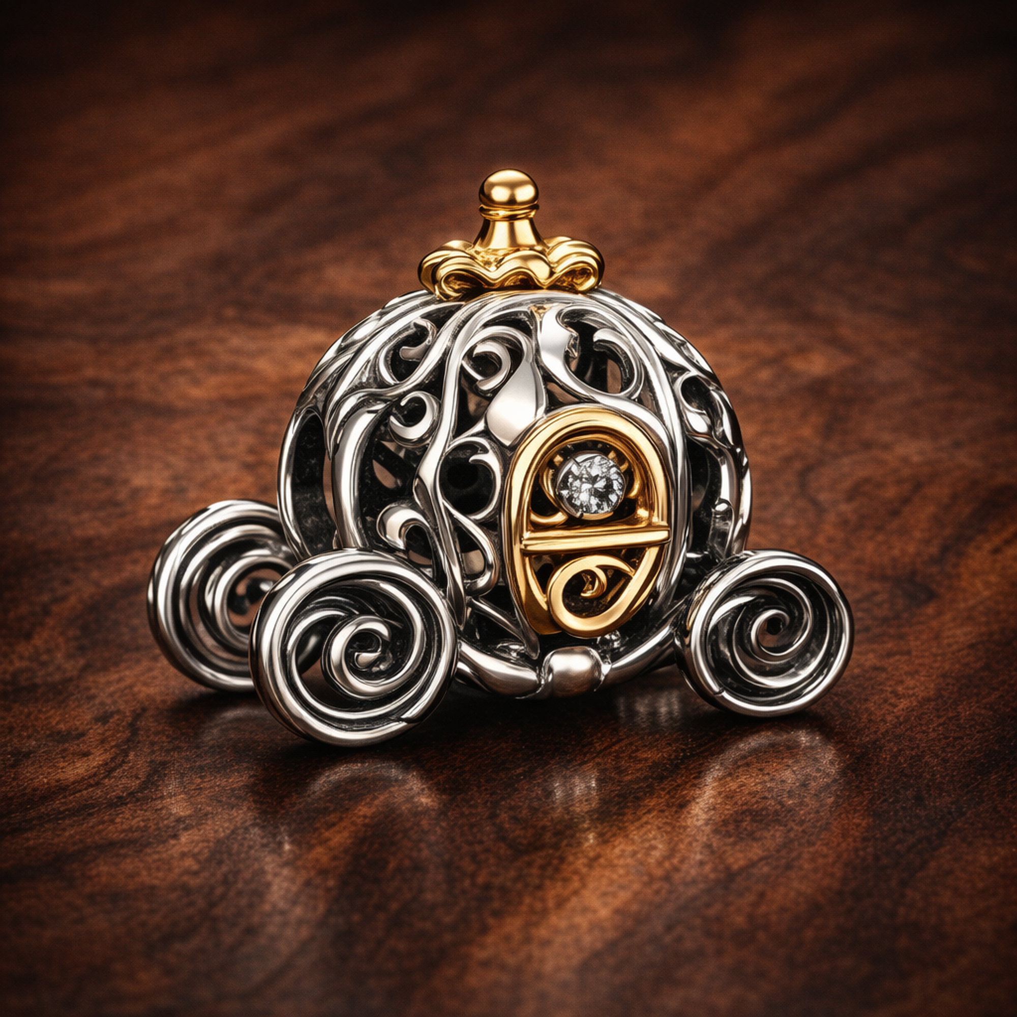 Fairytale Carriage Charm - Fairytale Pumpkin Carriage Charm — display on walnut