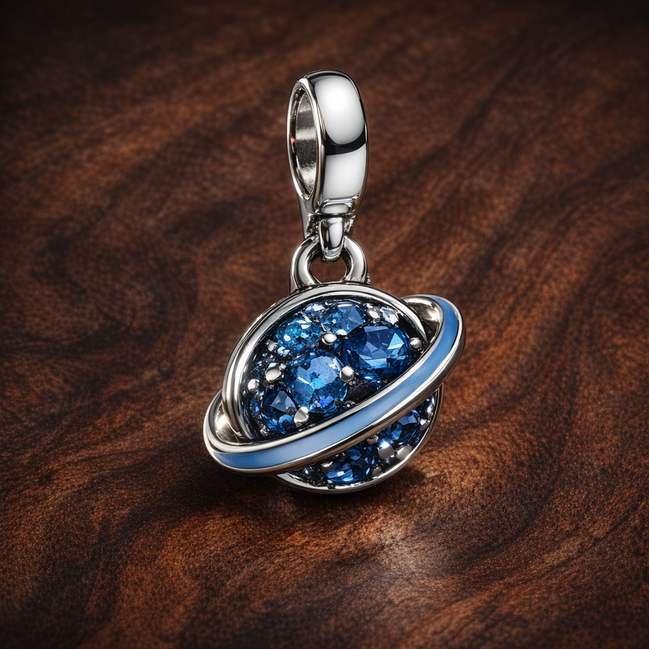 Blue Planet Charm - Blue Saturn Planet Charm — display on walnut